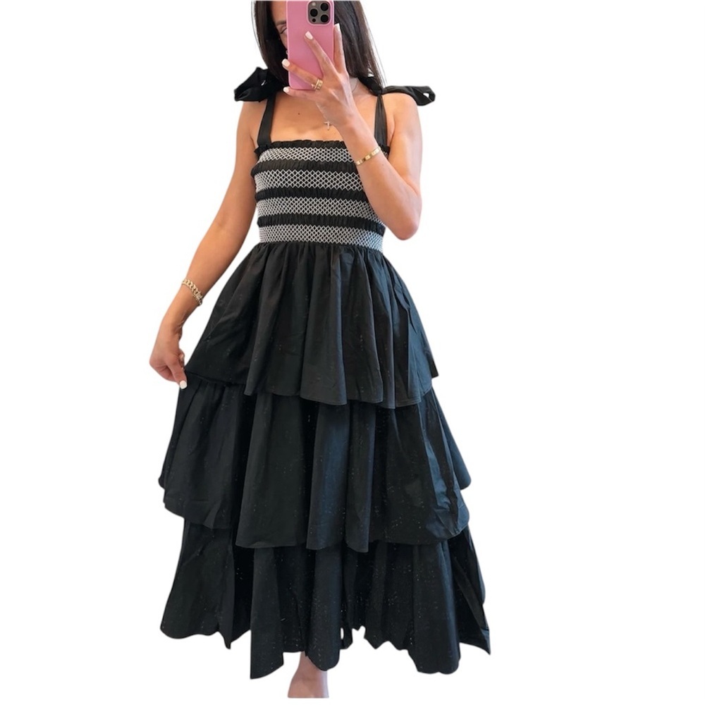 Klesis Black Smocked Tiered Maxi Dress